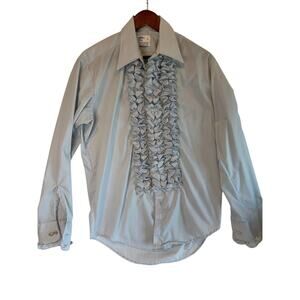 Vintage 70s After Six Ruffled Tuxedo Shirt M Blue Promcore Disco Retro Wedding